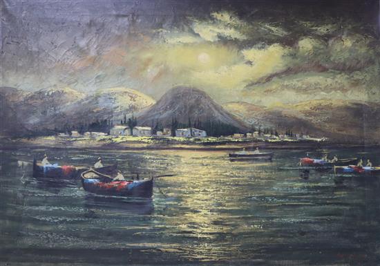 K E Guw (?), oil on canvas, Lake Tiberias, 51 x 71cm